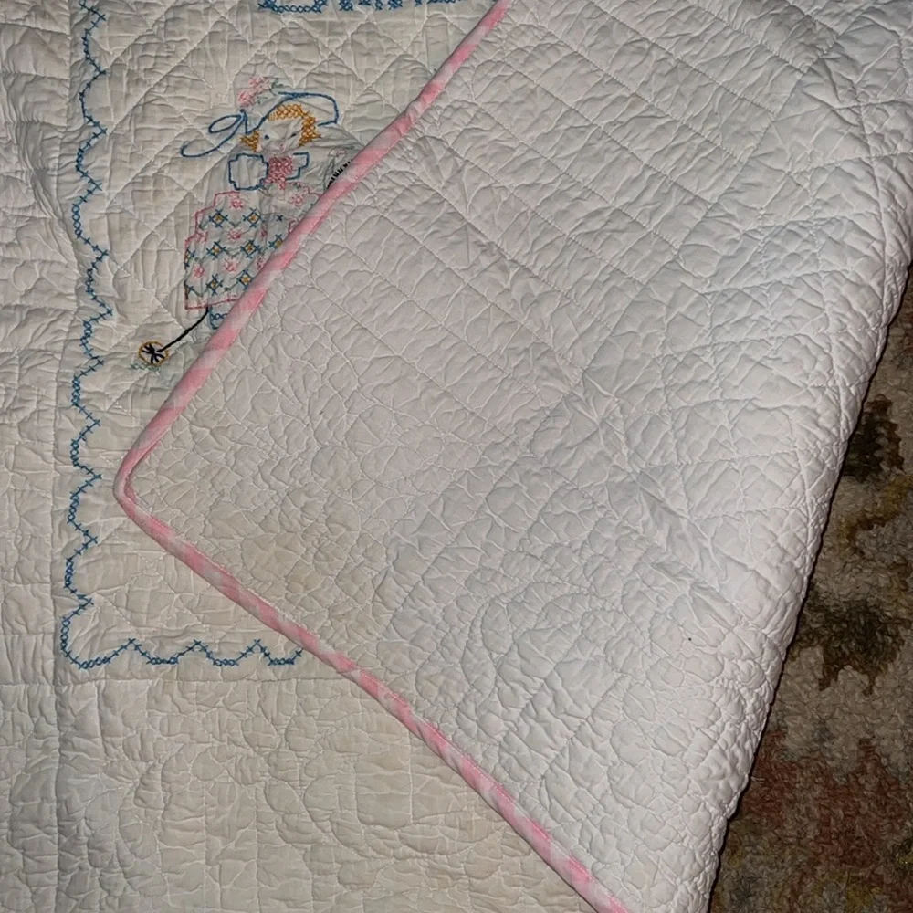 Embroidered Nursery Rhyme Quilt - White and Blue 44” x 36”